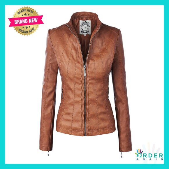 Faux Leather Moto Jacket Zip Up Biker Style Stitching Detail Lightweight